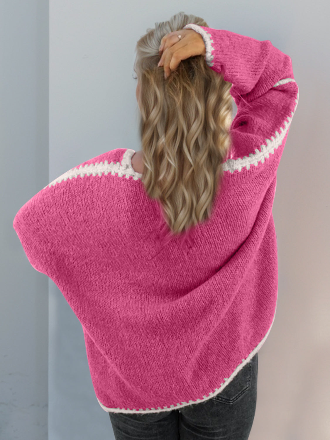 Double Take Contrast Open Front Dropped Shoulder Cardigan - NicholesGifts