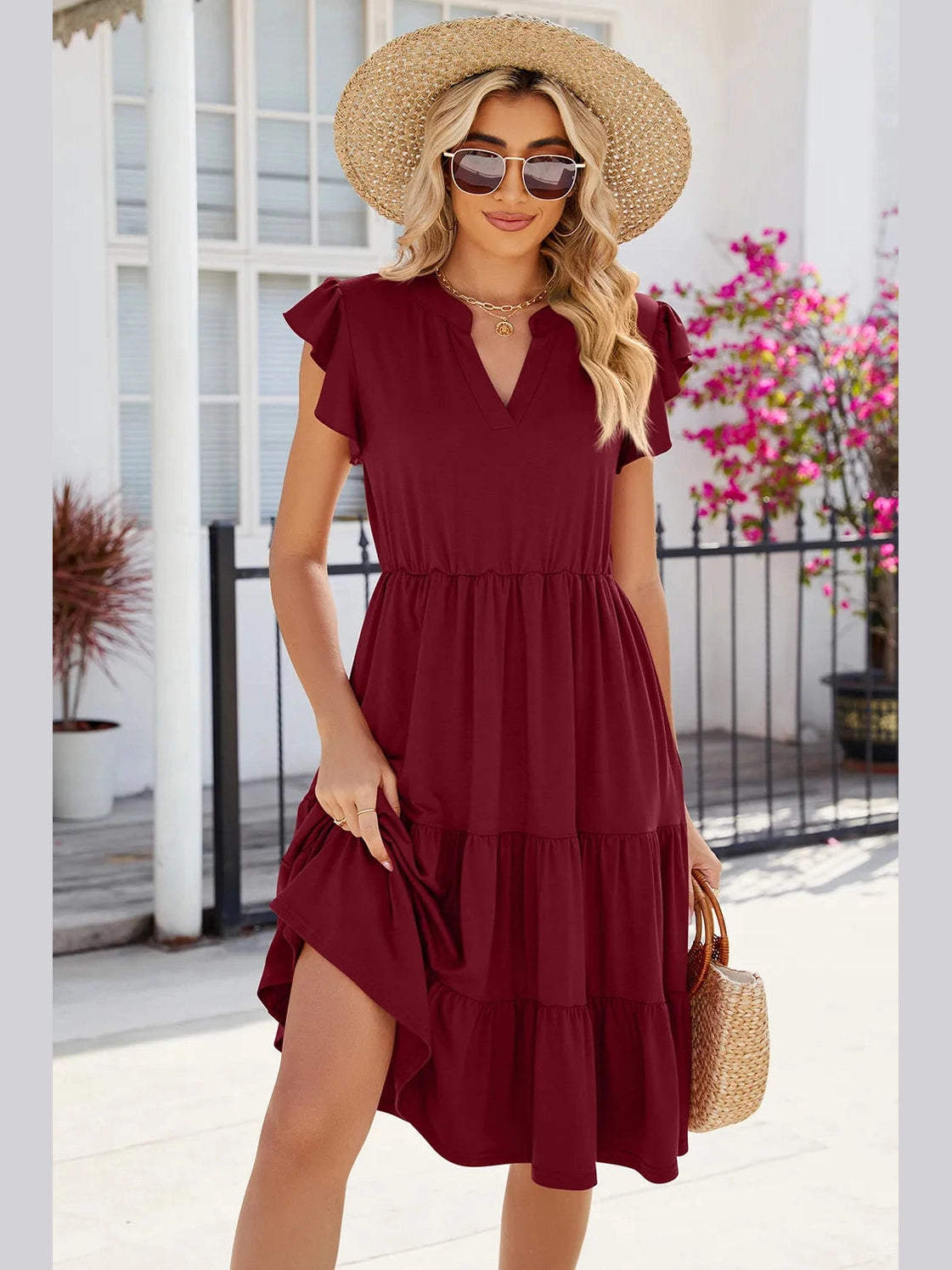 Ruched Notched Cap Sleeve Dress nicholesgifts