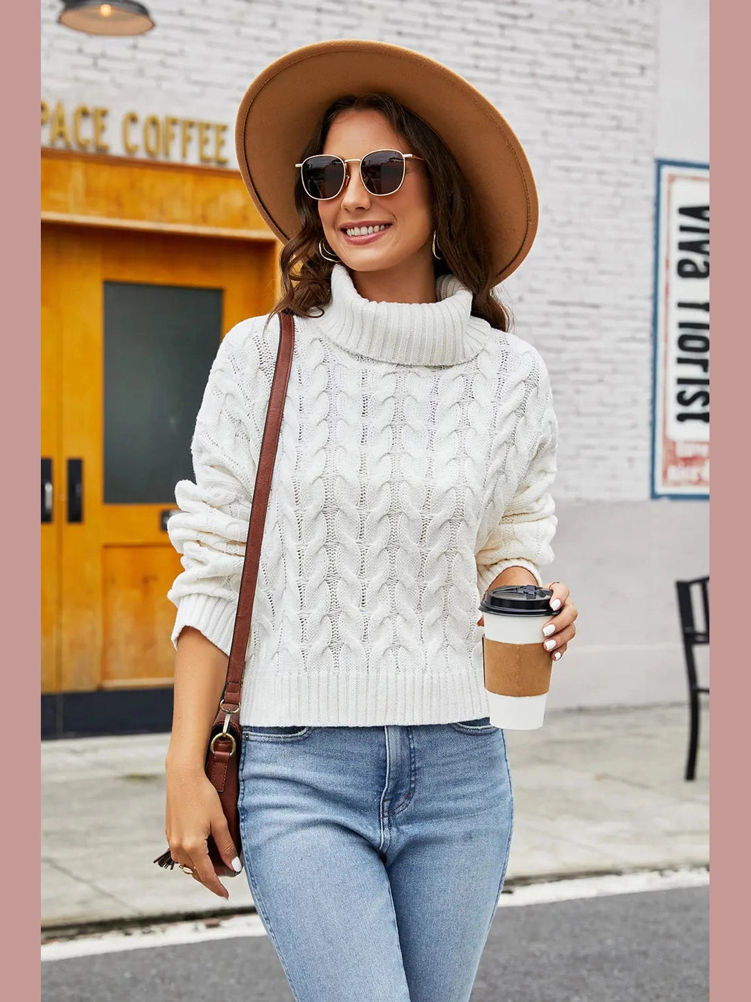 Turtleneck Cable-Knit Long Sleeve Sweater Trendsi