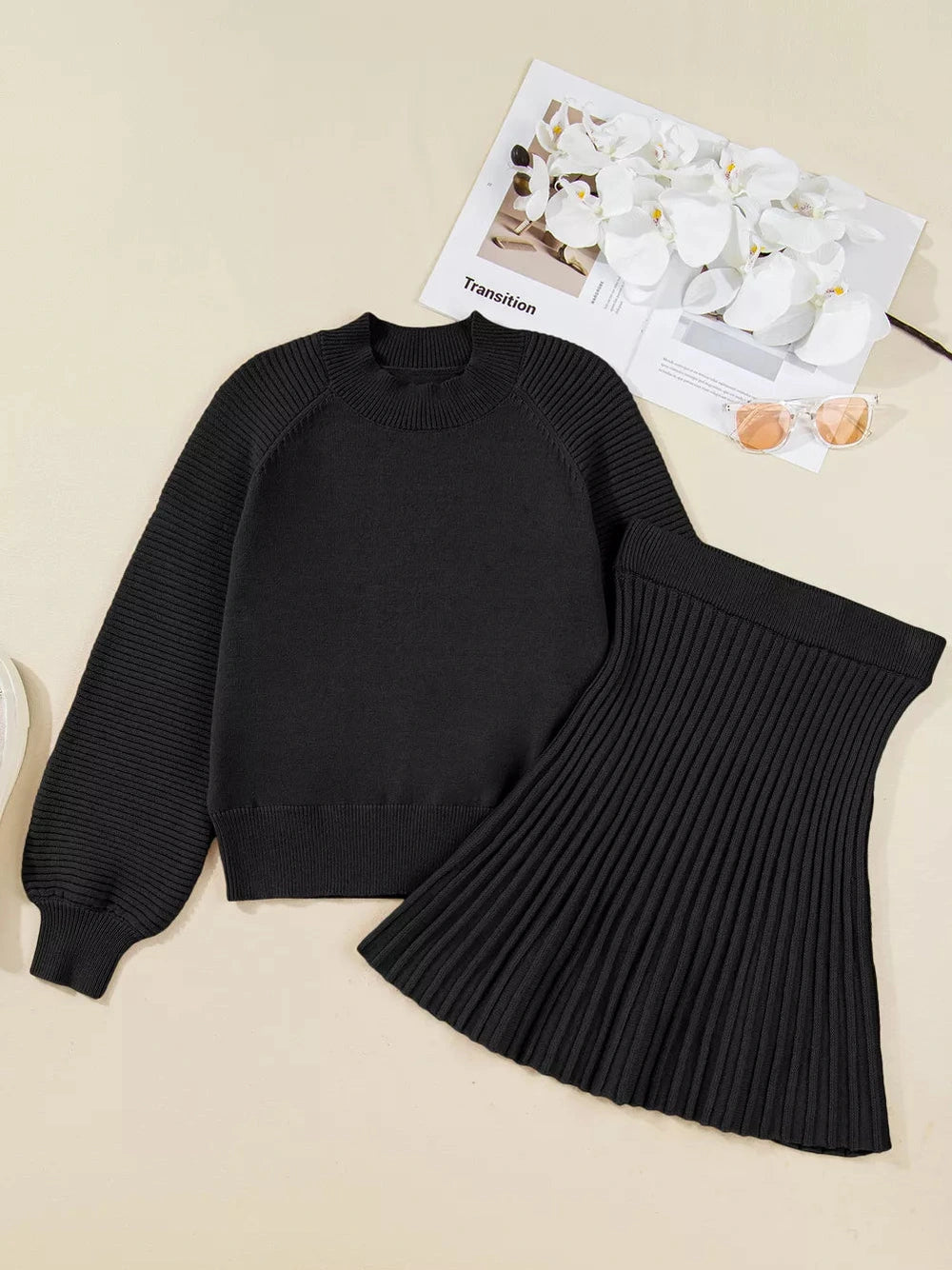 Round Neck Top and Skirt Sweater Set nicholesgifts