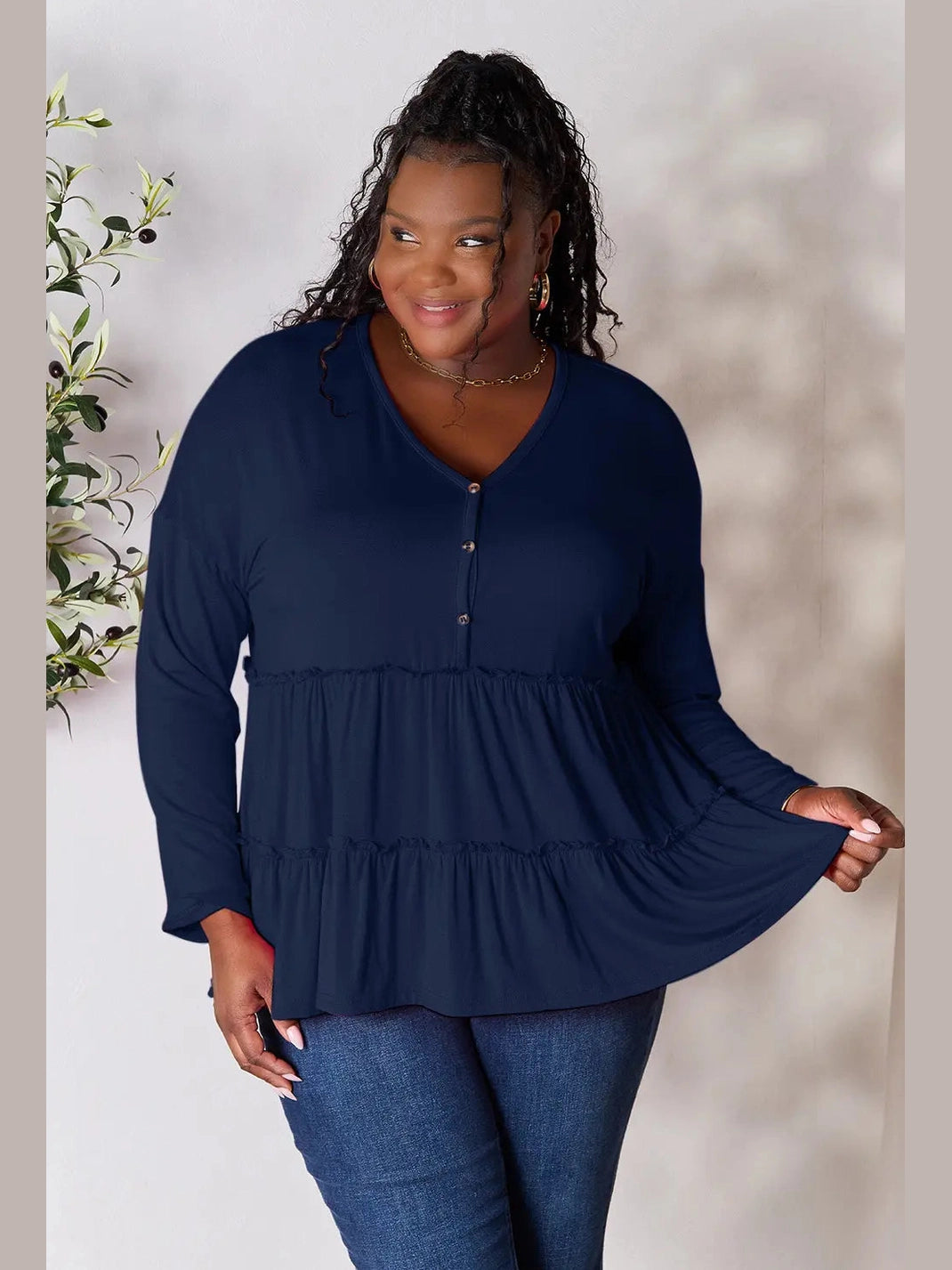 Double Take Half Button Long Sleeve Ruffle Hem Blouse nicholesgifts