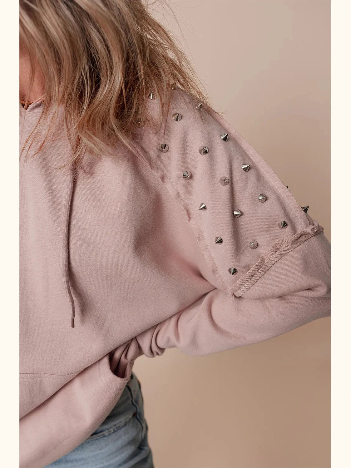 Rivet Drawstring Long Sleeve Hoodie Trendsi