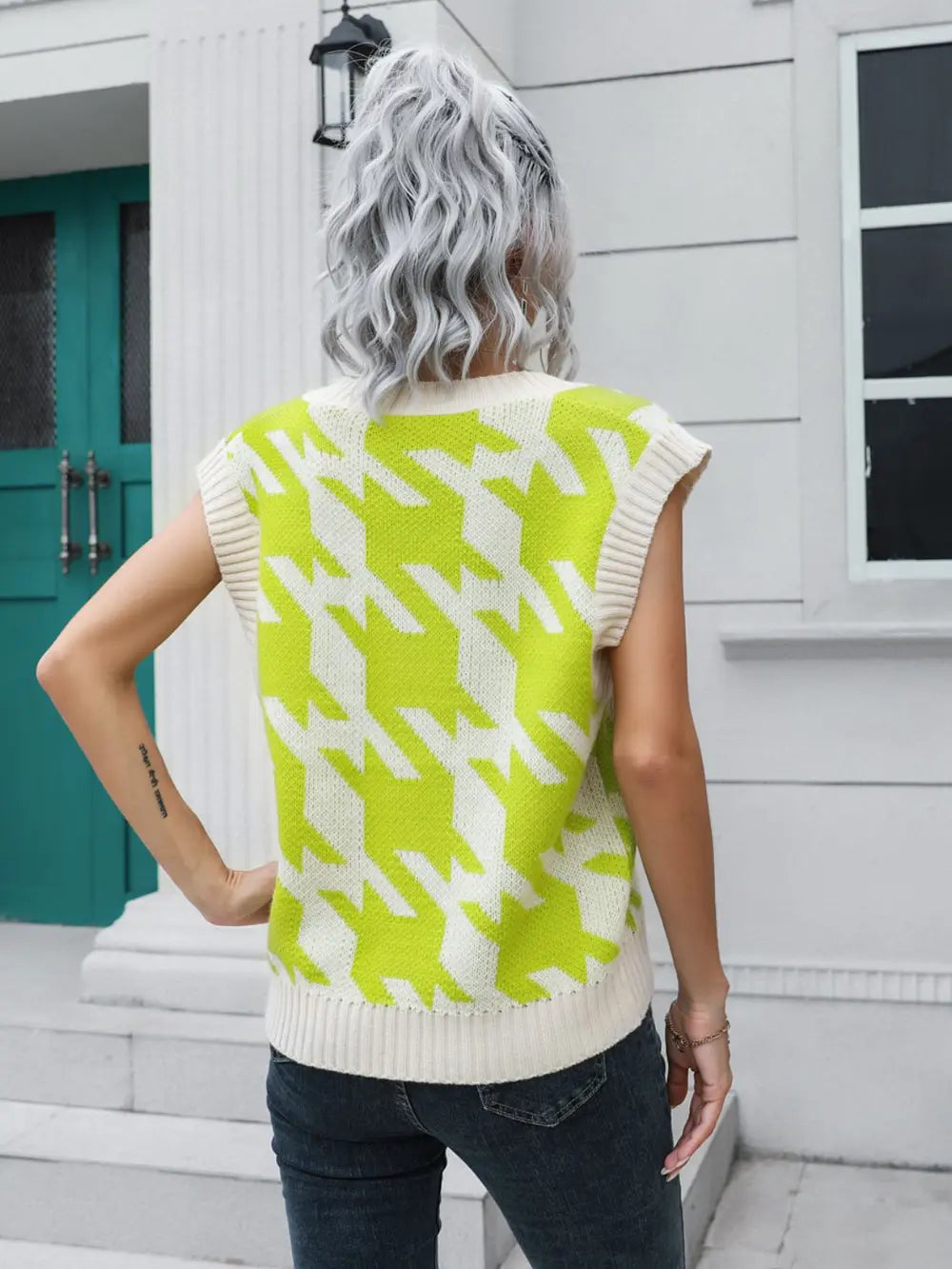 Houndstooth V-Neck Sweater Vest Trendsi