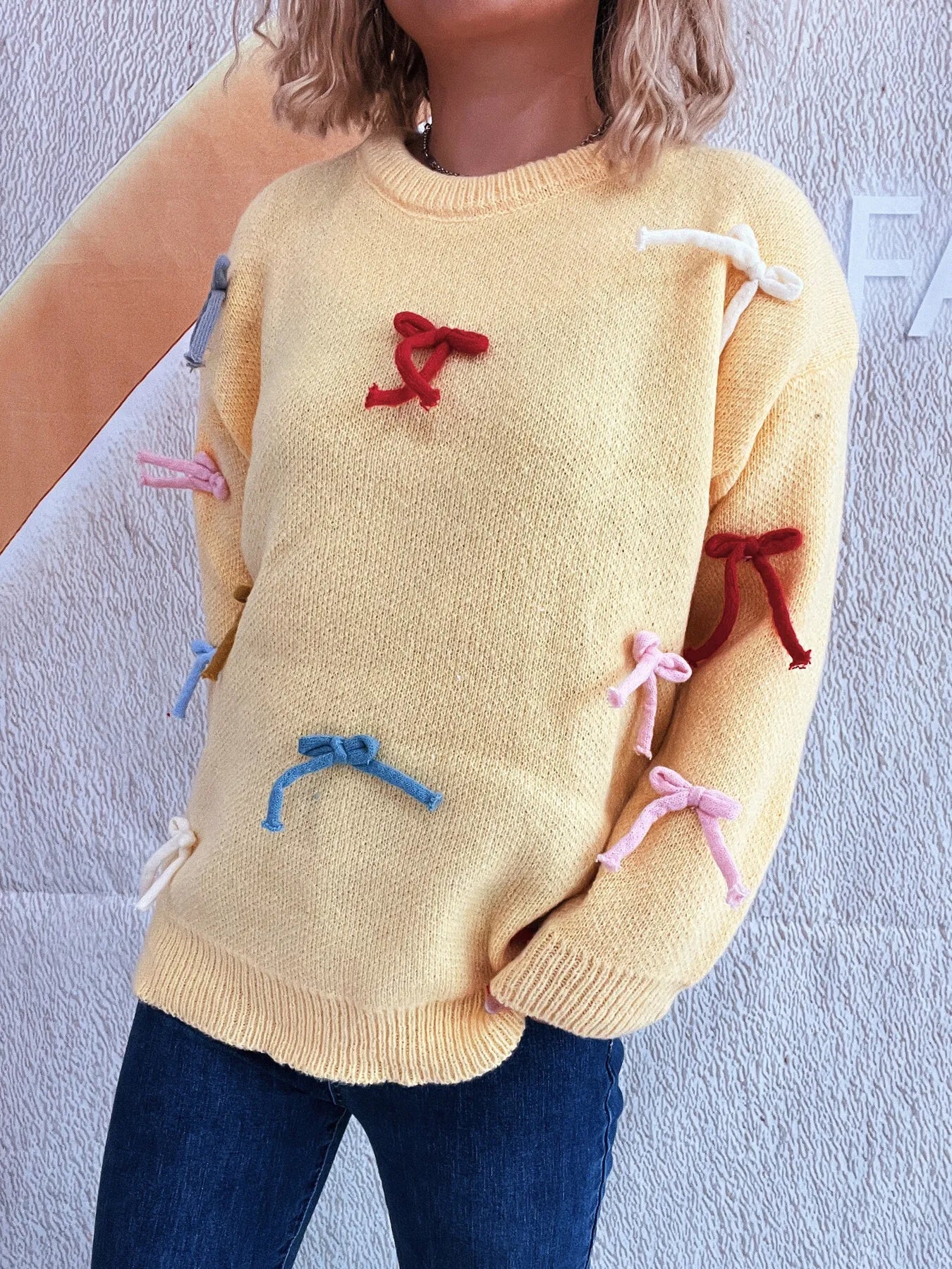 Colorful Bow Round Neck Sweater