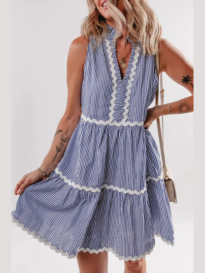 Stripe Sleeveless Notched Ric Rac Mini Dress nicholesgifts