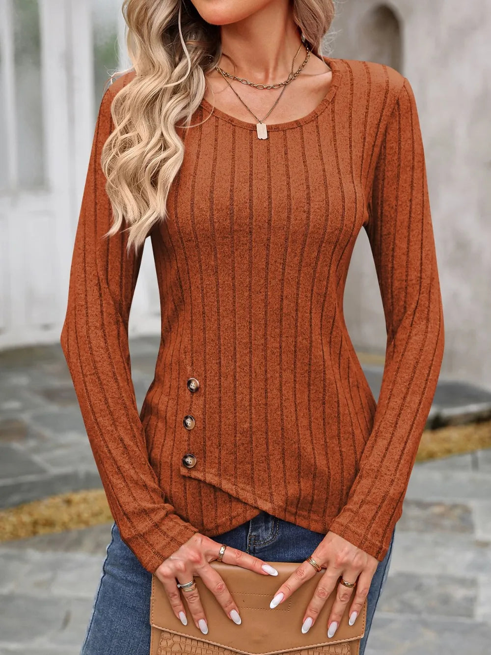 Decorative Button Round Neck Long Sleeve T-Shirt nicholesgifts