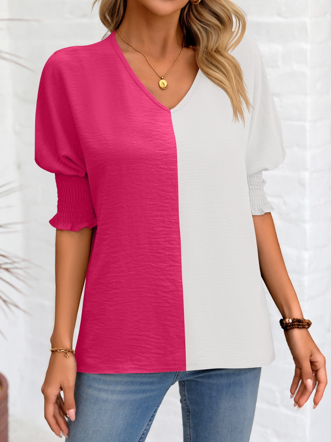 Women Contrast V-Neck Lantern Sleeve Blouse nicholesgifts