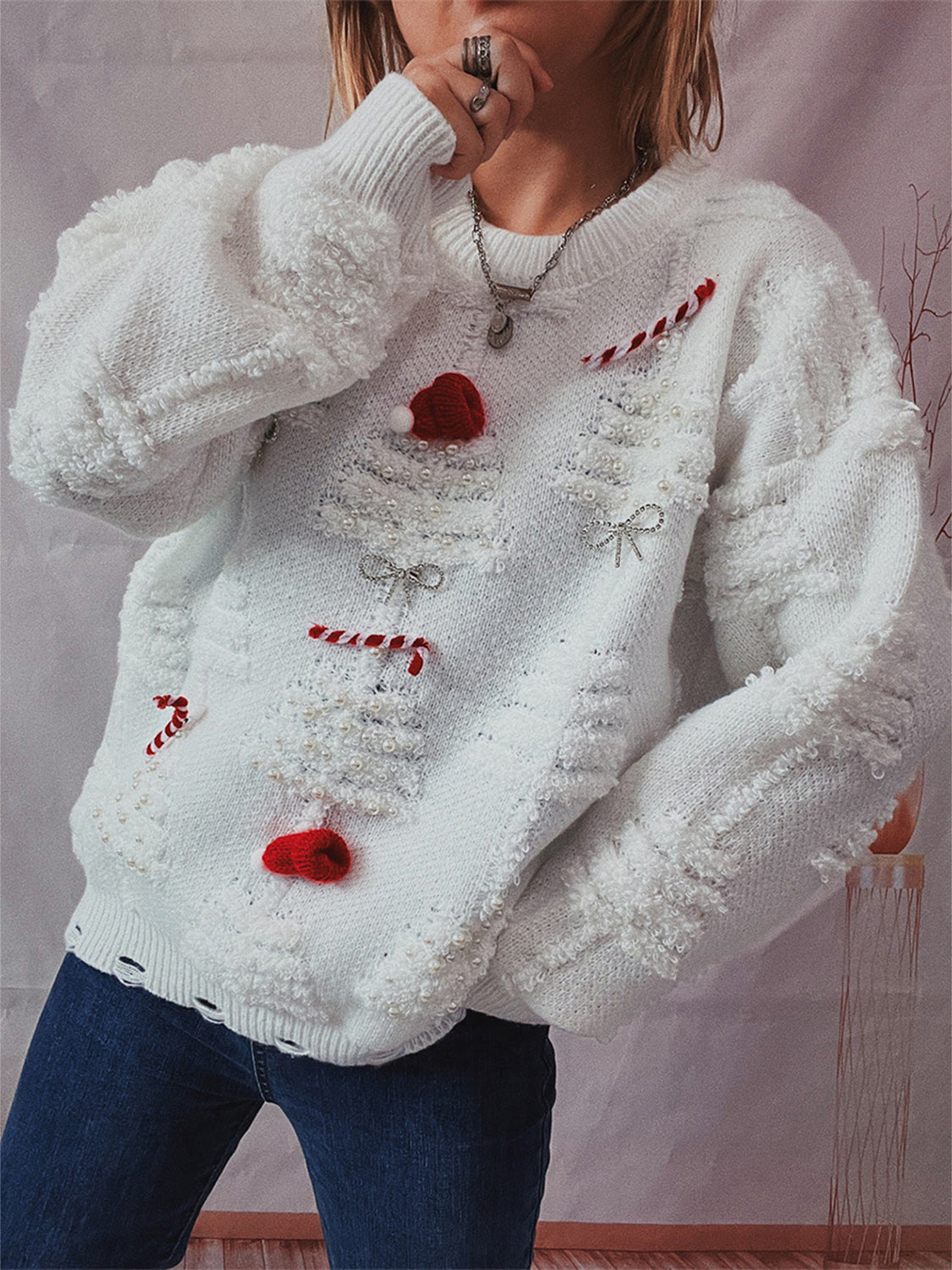 Pearl Detail Round Neck Long Sleeve Sweater Trendsi