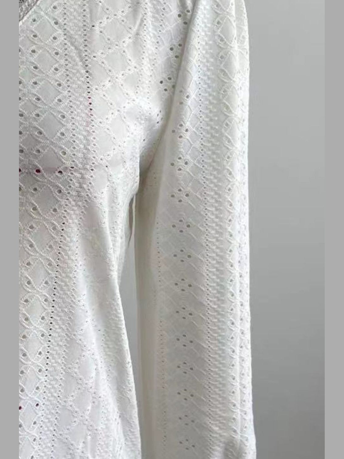 Eyelet V-Neck Flounce Sleeve Blouse