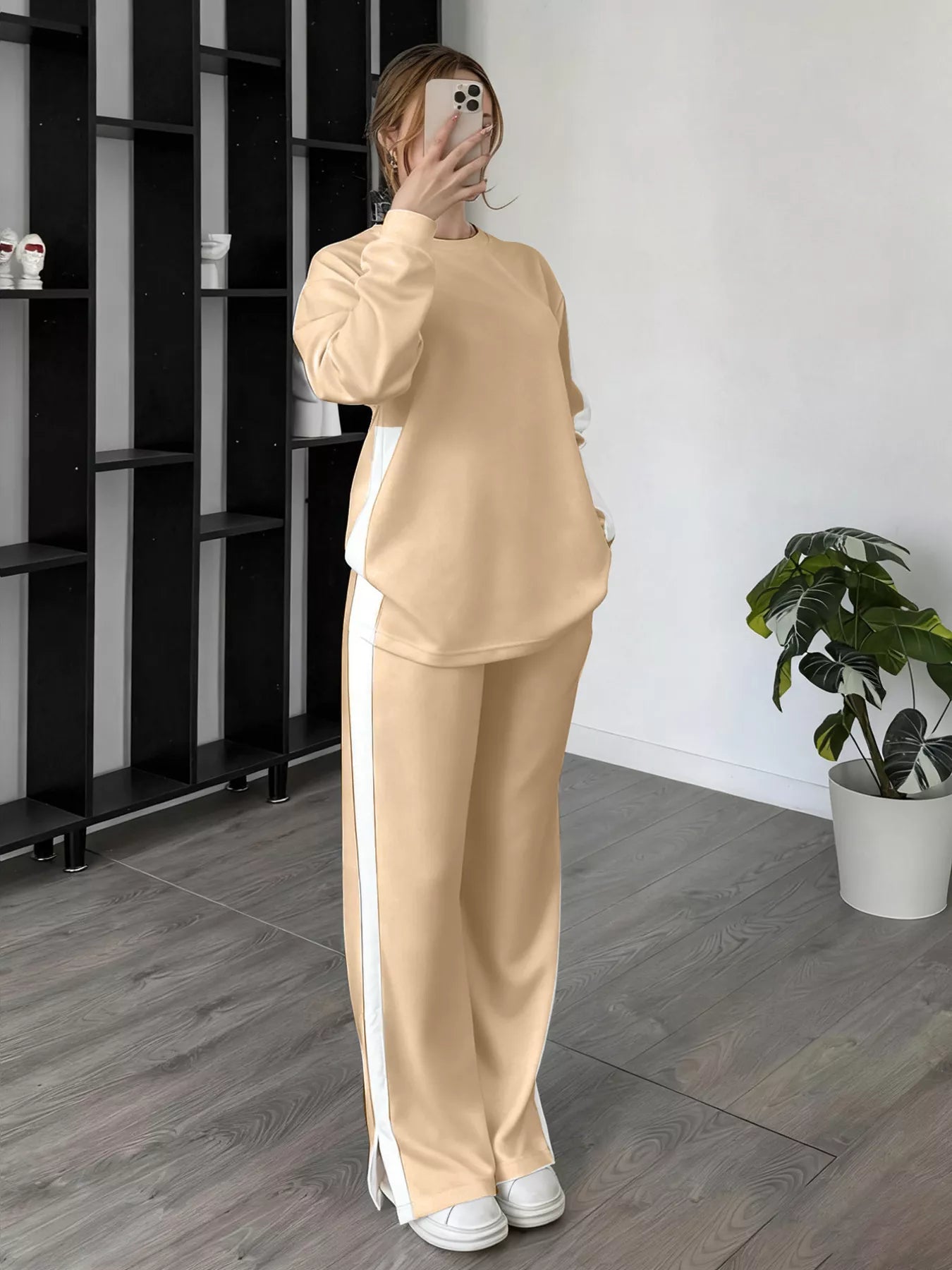 Full Size Contrast Round Neck Top and Pants Set Plus Size nicholesgifts