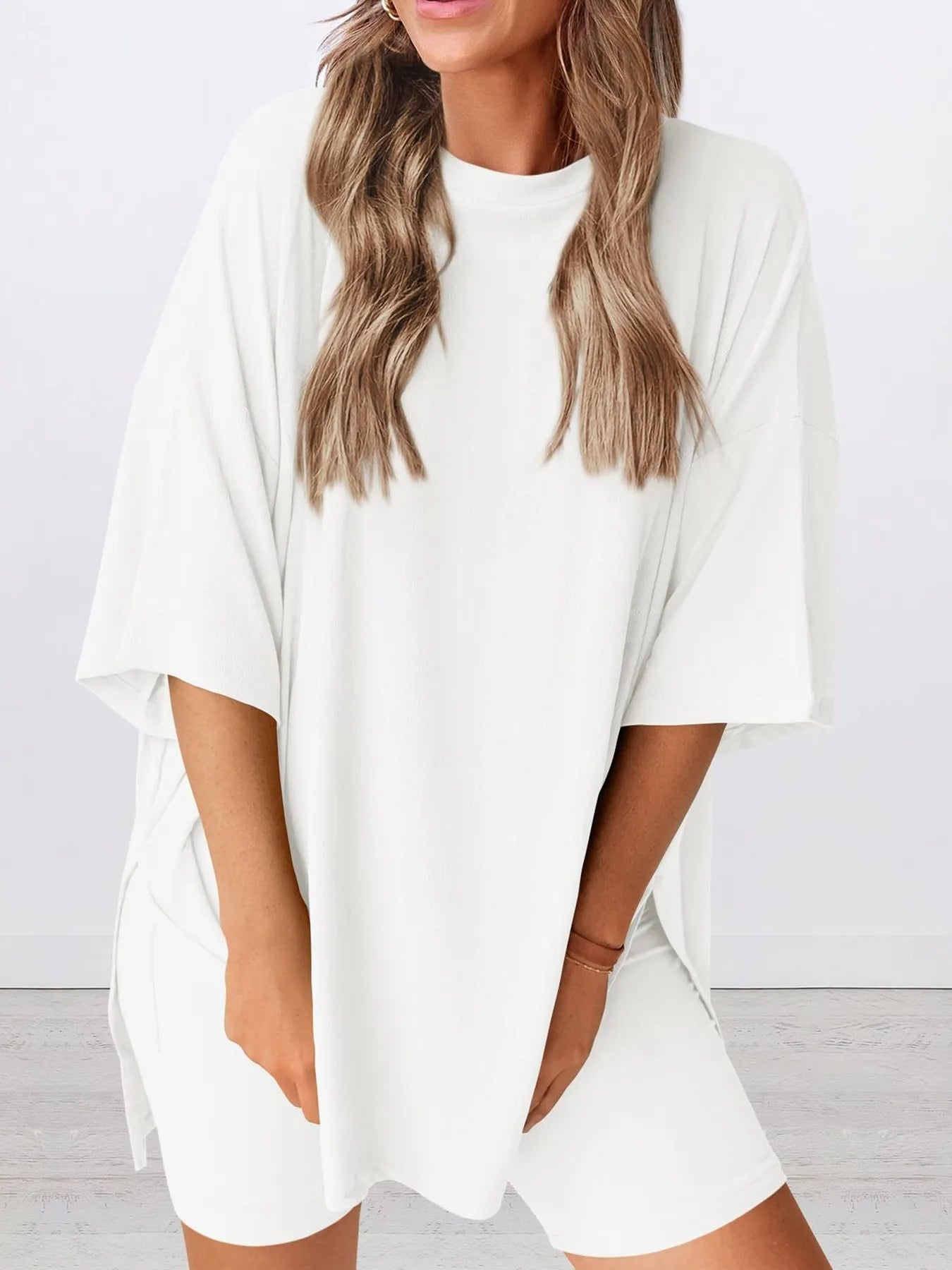 Full Size Oversized Slit Round Neck Top and Shorts Lounge Set Plus Size nicholesgifts