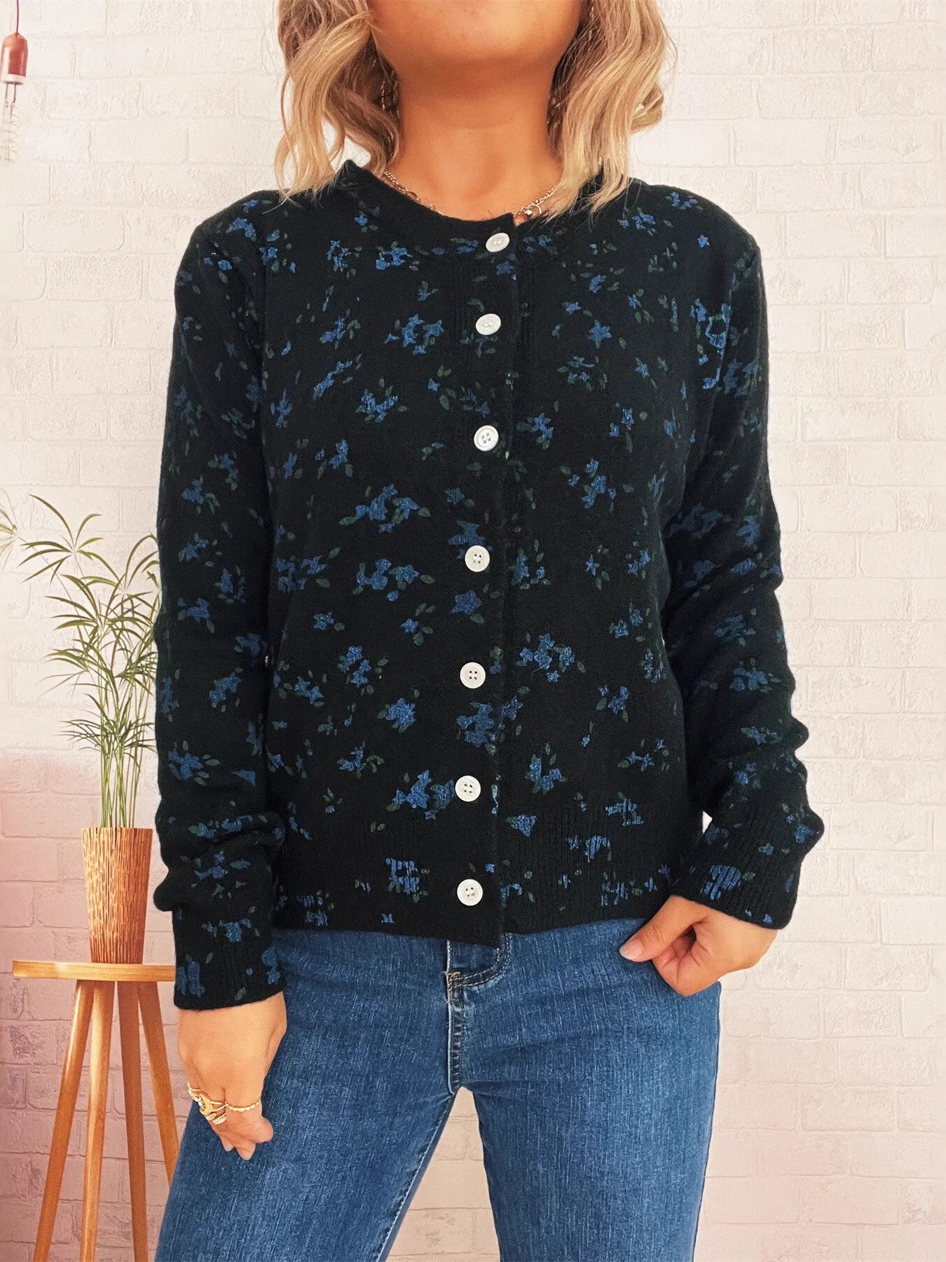 Floral Button-Up Long Sleeve Cardigan