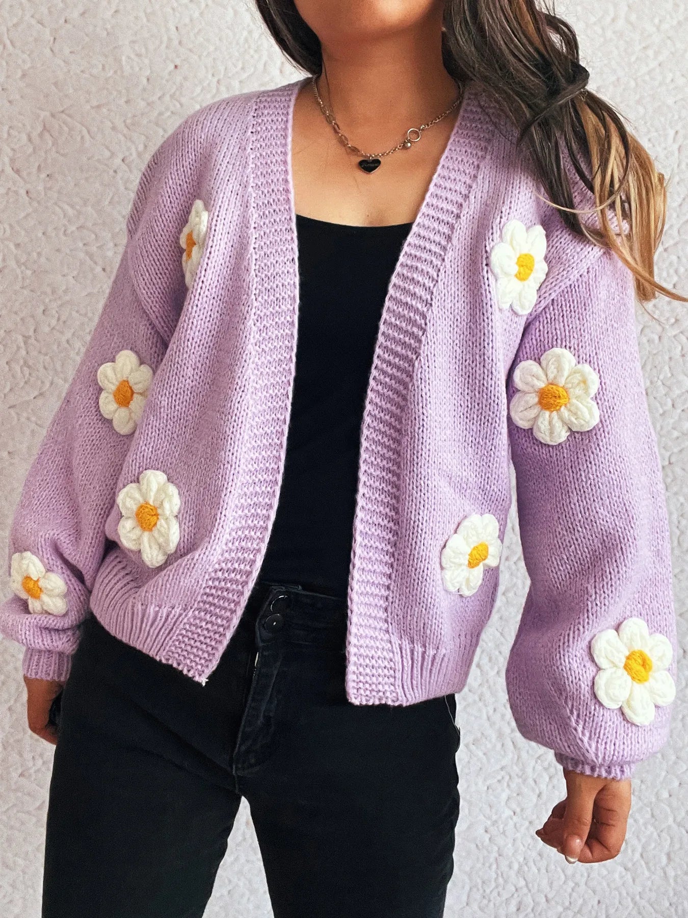 Flower Open Front Long Sleeve Cardigan