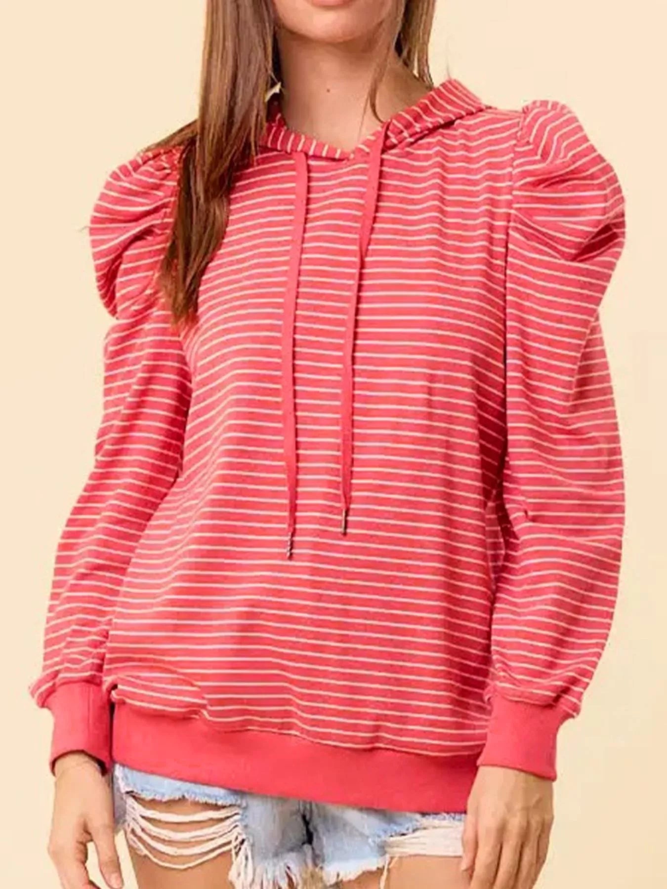 Striped Puff Sleeve Hoodie with Drawstring nicholesgifts