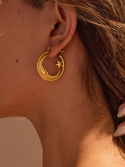 18K Gold-Plated Crescent Moon Star Hoop Earrings nicholesgifts