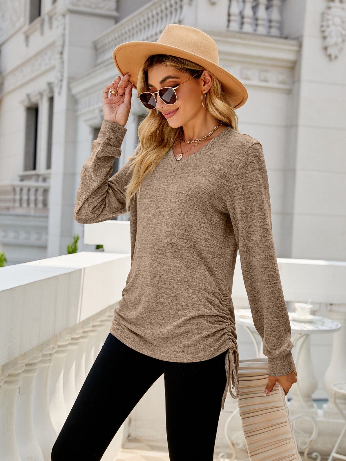 Women Drawstring V-Neck Long Sleeve T-Shirt nicholesgifts