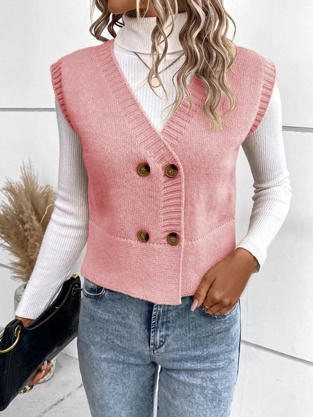 Full Size Button Up V-Neck Sweater Vest nicholesgifts