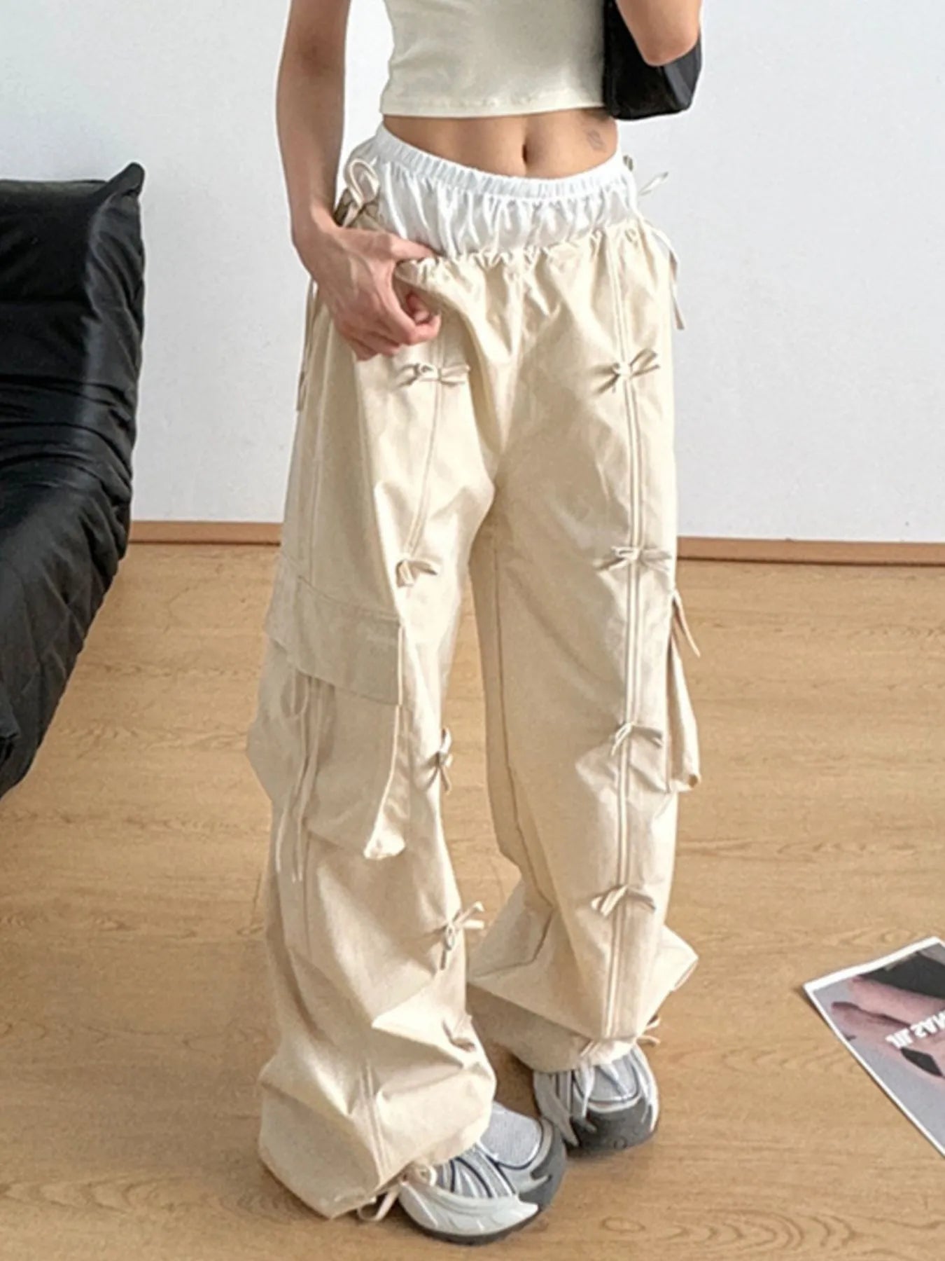 Women Bow Elastic Waist Cargo Pants nicholesgifts