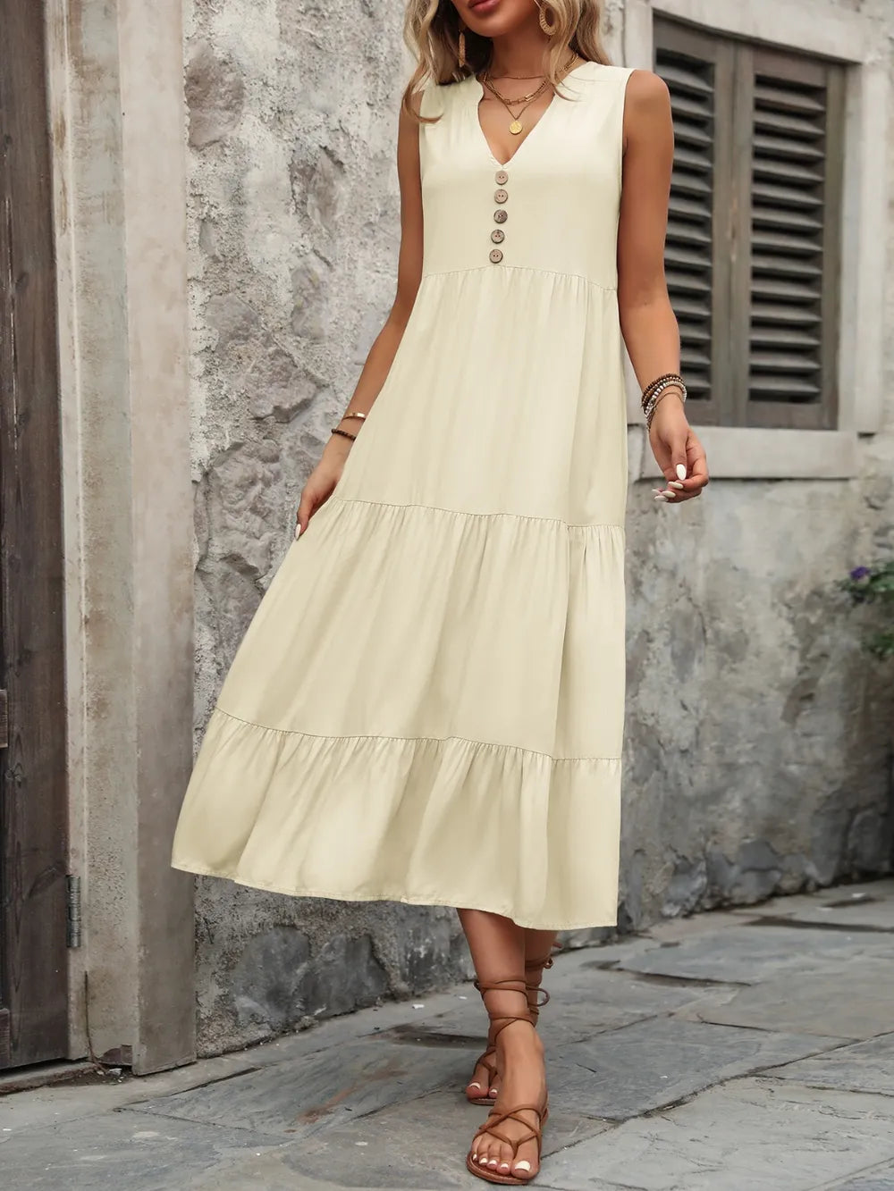 Ivy Lane Decorative Button Notched Sleeveless Dress Trendsi