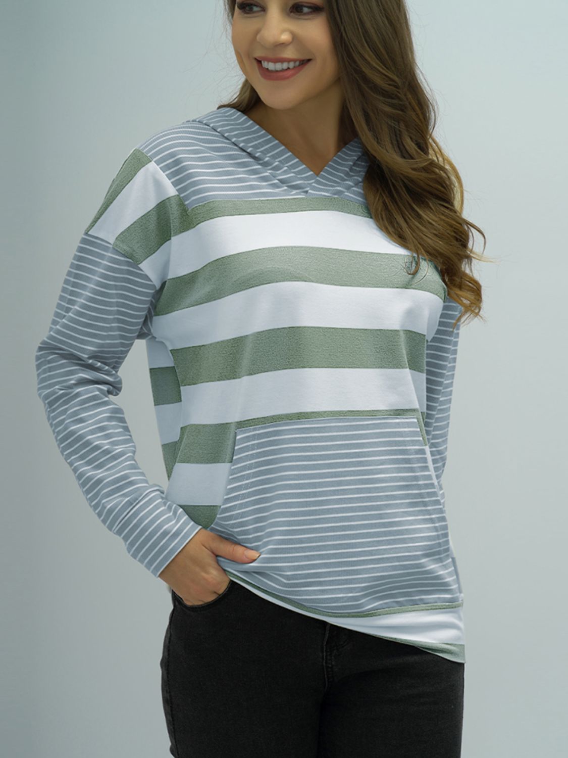 Shiny Full Size Striped Long Sleeve Hoodie Trendsi