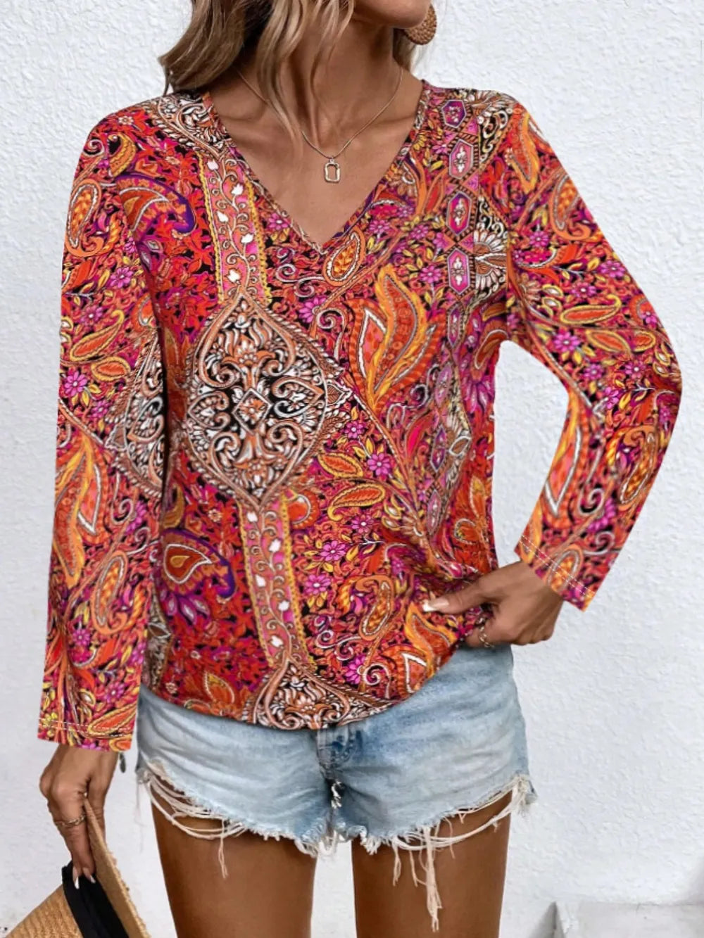 Printed V-Neck Long Sleeve Blouse NicholesGifts