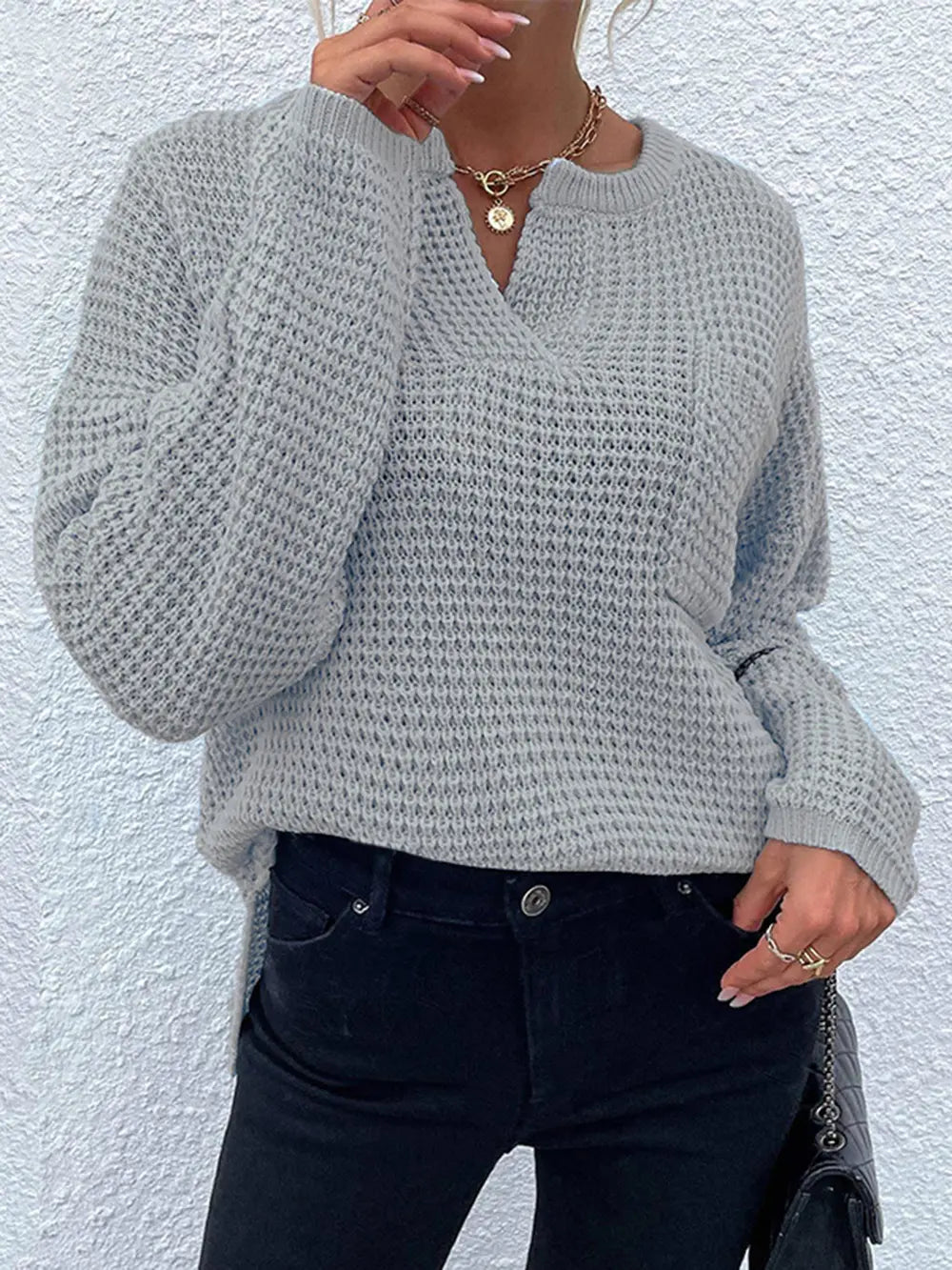 Notched Long Sleeve Sweater nicholesgifts
