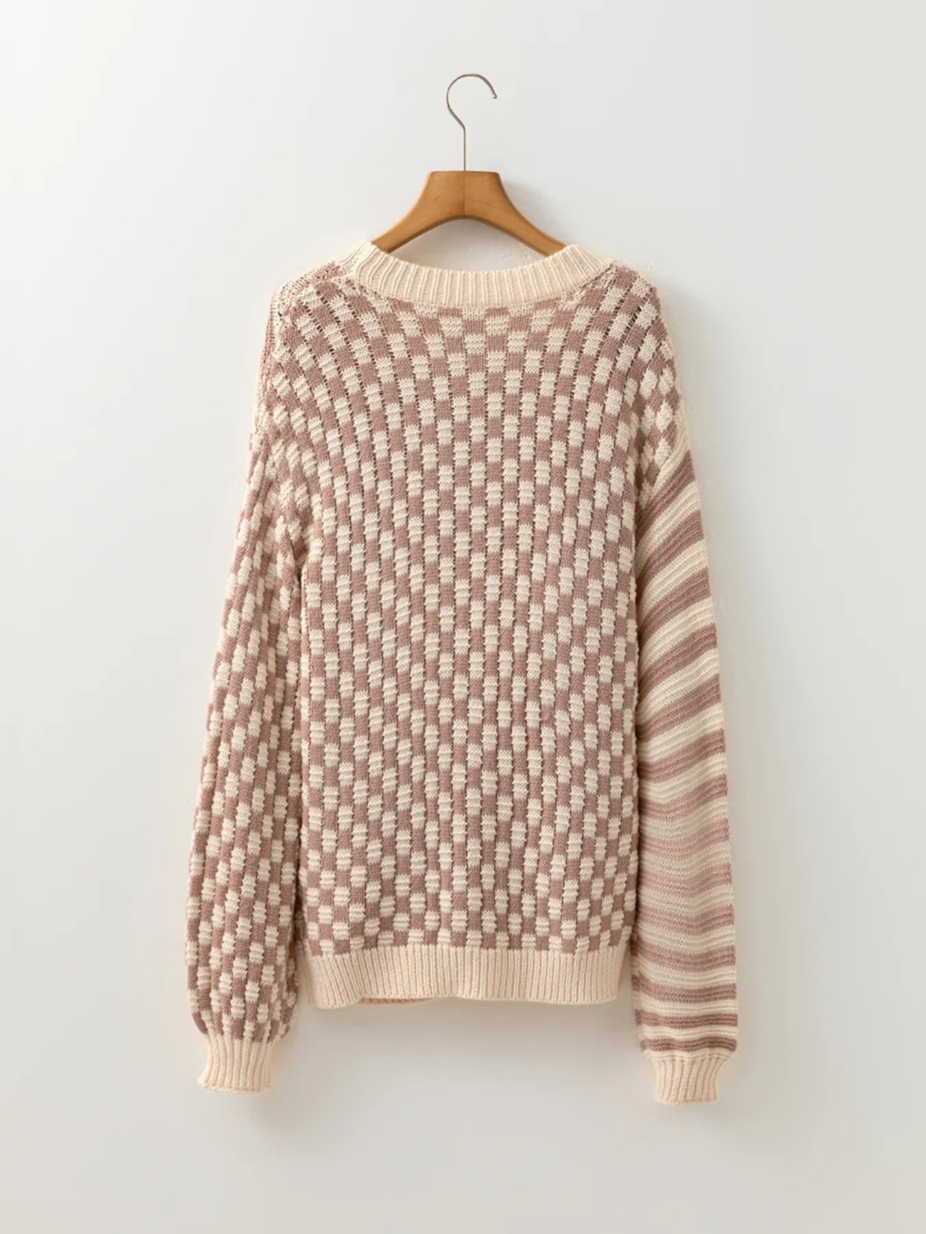 Stripe Checkerboard Drop Shoulder Balloon Sleeve Sweater Trendsi