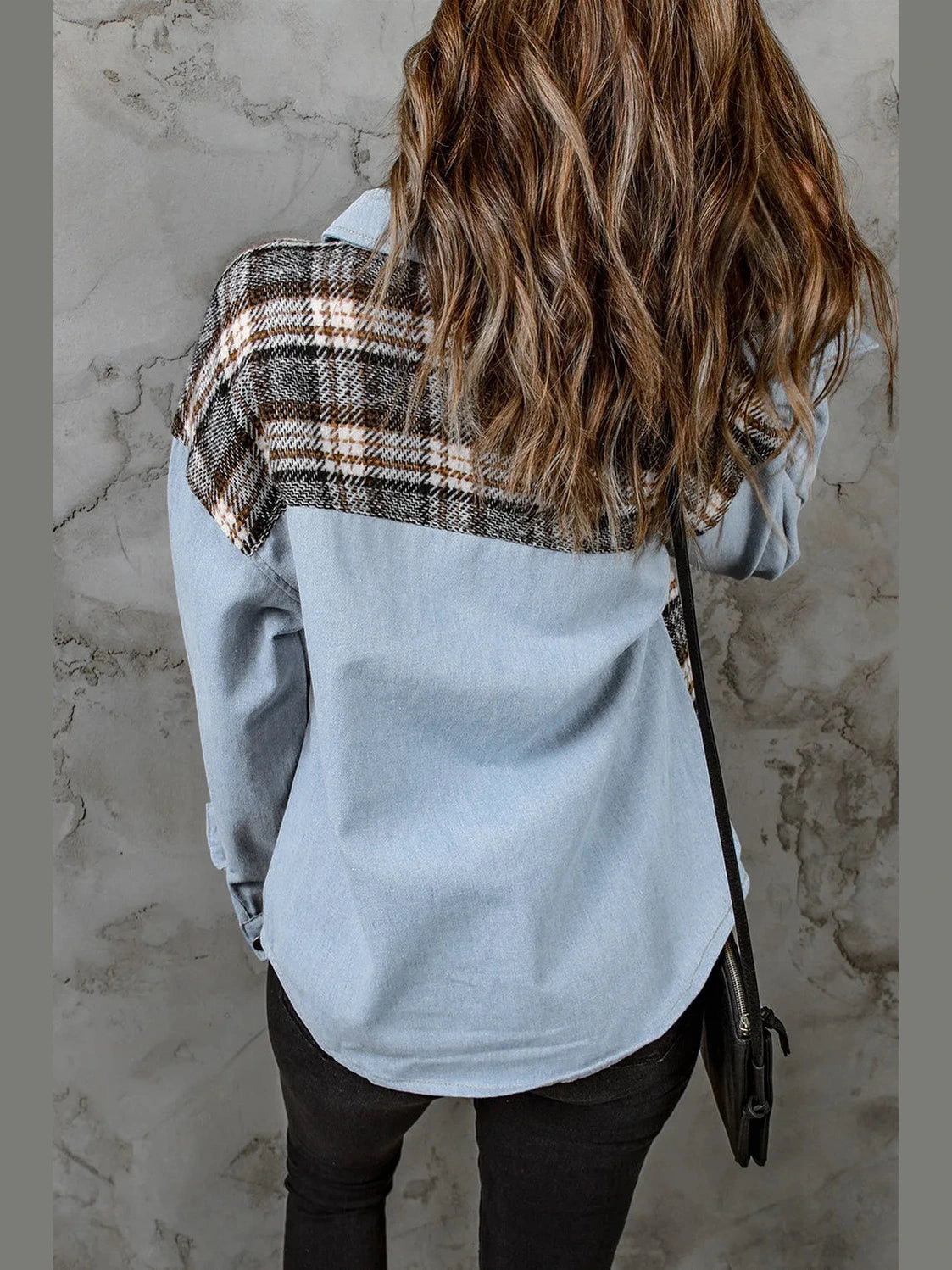 Plaid Pocketed Button Up Denim Jacket nicholesgifts