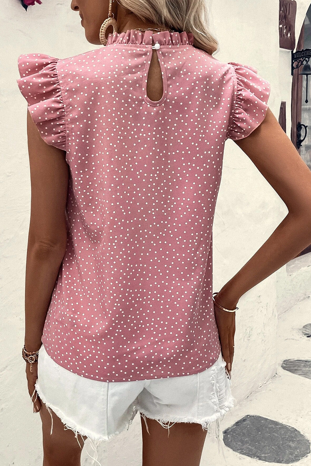 Frill Polka Dot Cap Sleeve Blouse nicholesgifts