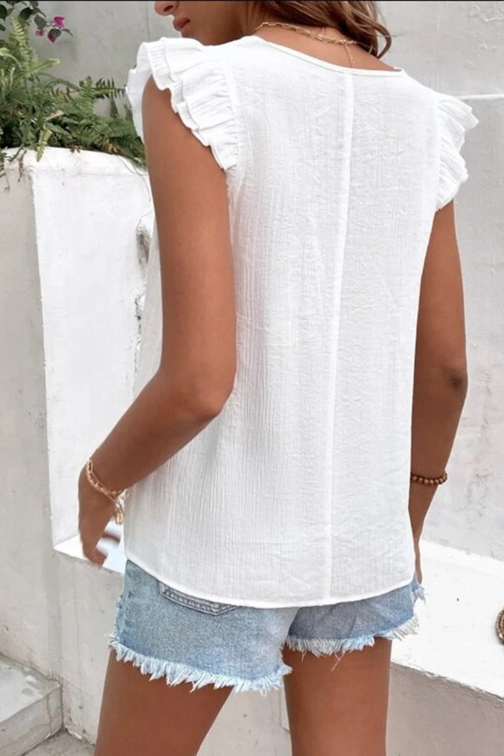 Full Size Ruffled V-Neck Cap Sleeve Blouse nicholesgifts