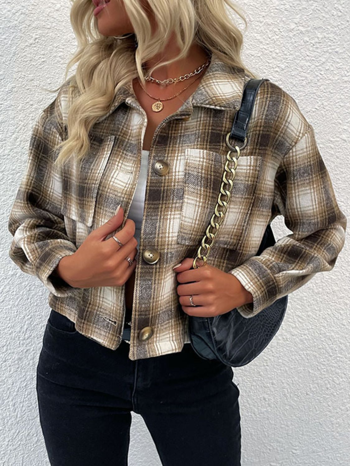 Perfee Plaid Button-Up Dropped Shoulder Shacket nicholesgifts