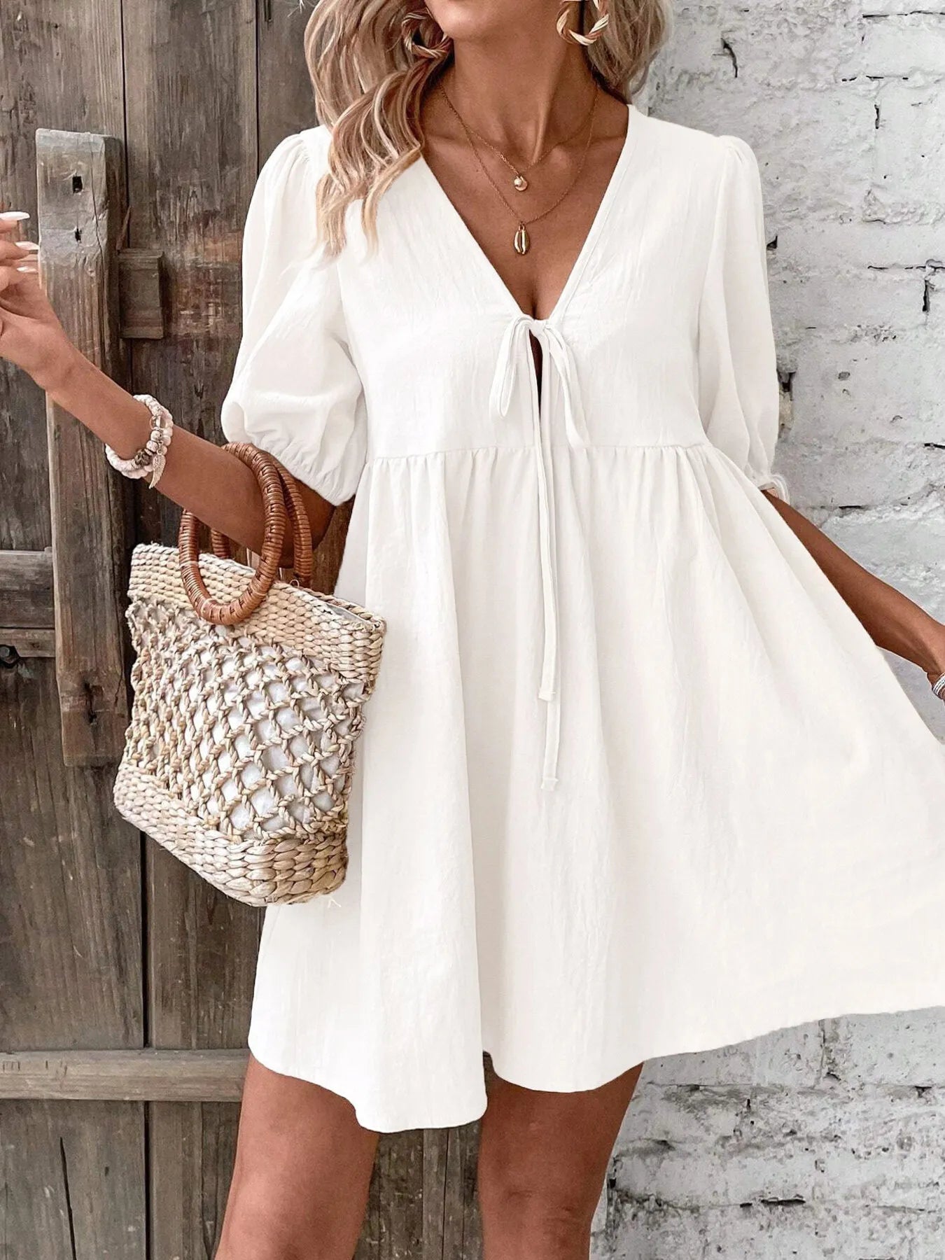 V-Neck Tie-Front Mini Dress with Puff Sleeves NicholesGifts