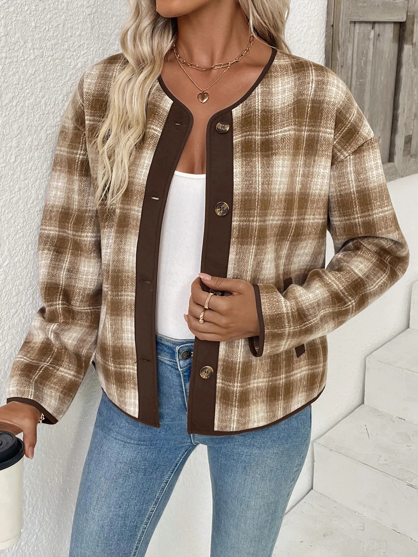 Plaid Long Sleeve Button-Up Jacket Trendsi