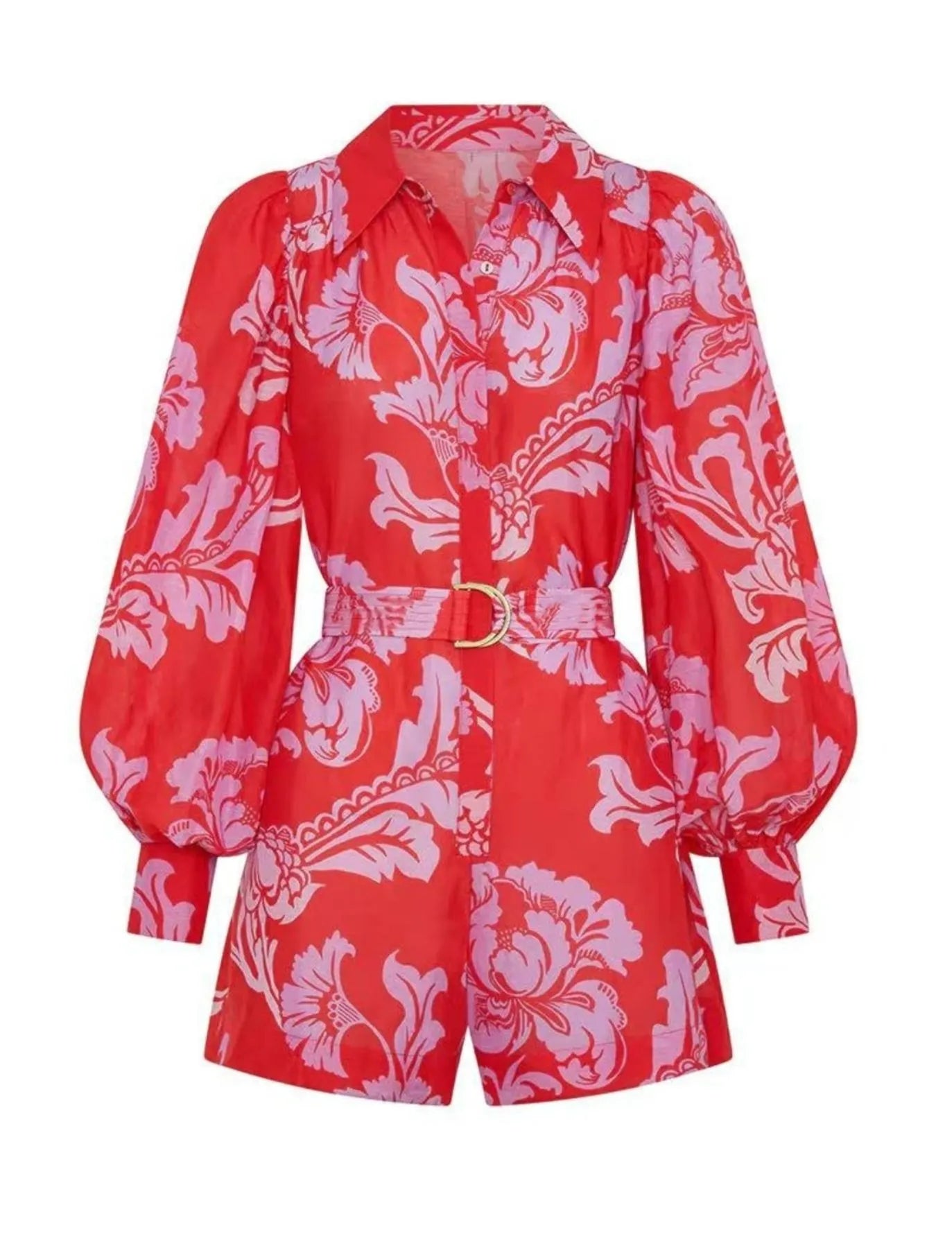 Printed Long Sleeve Belted Romper nicholesgifts