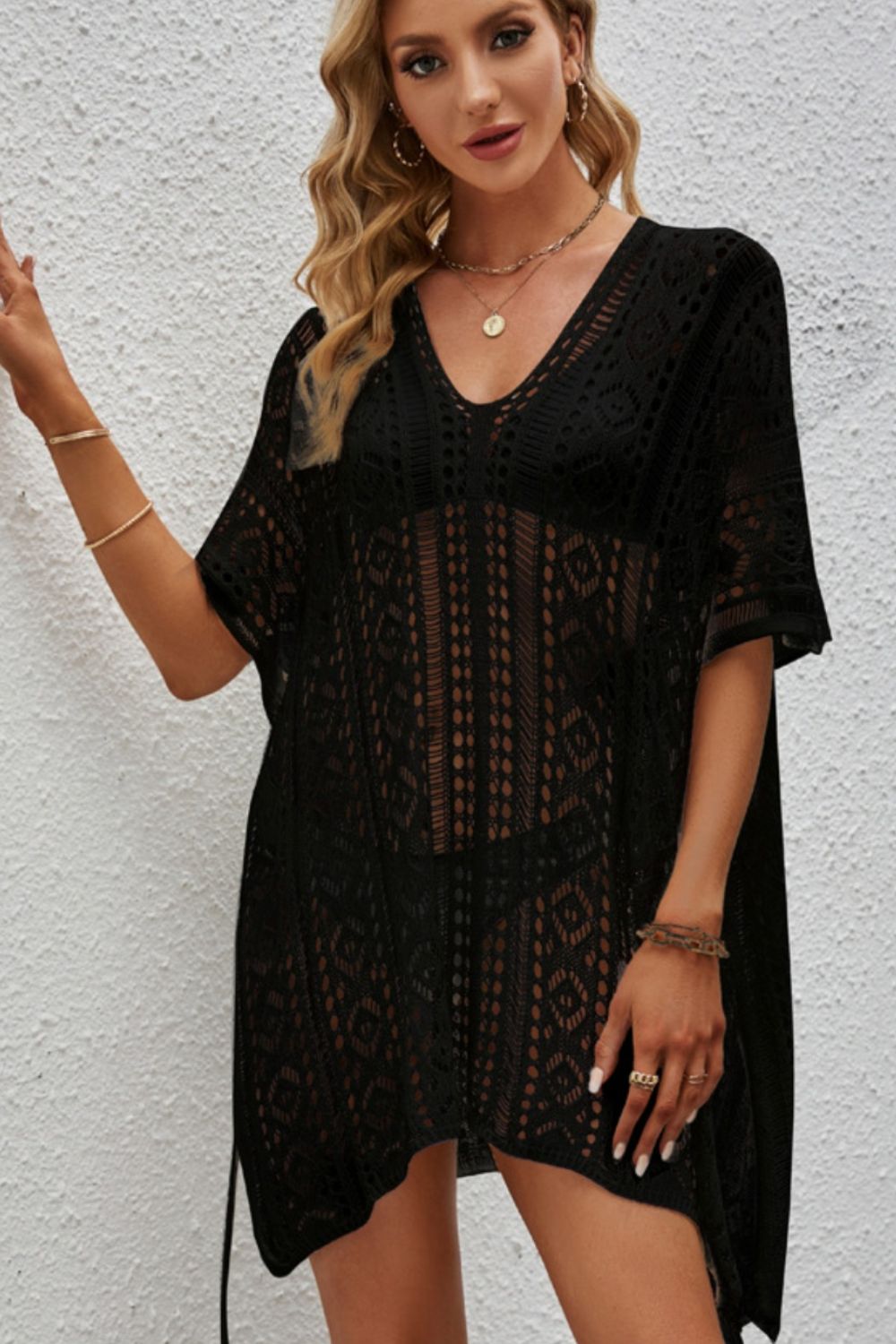 Openwork V-Neck Short Sleeve Cover Up nicholesgifts