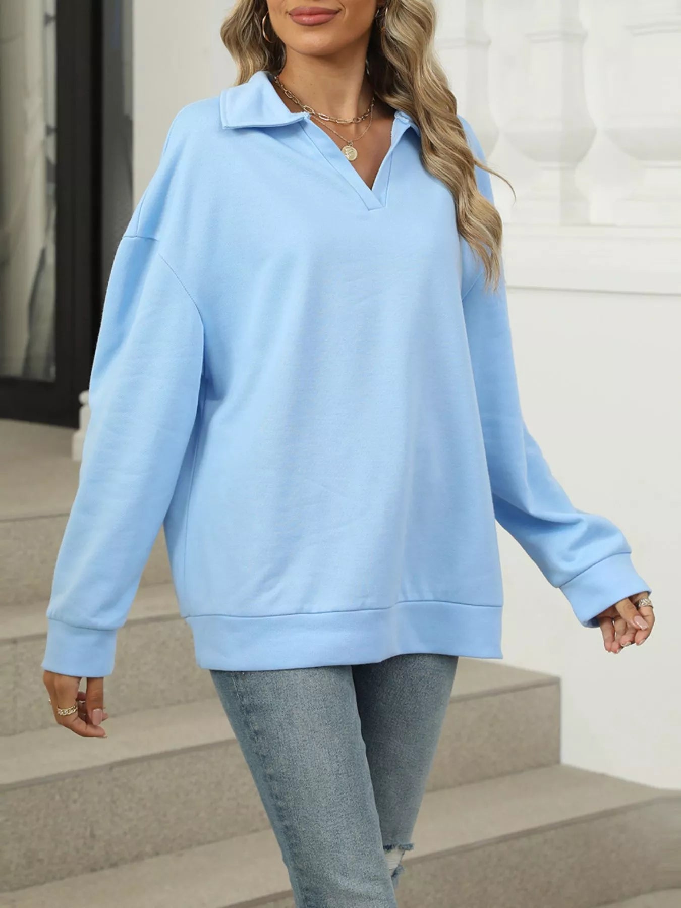 Johnny Collar Long Sleeve Sweatshirt Trendsi