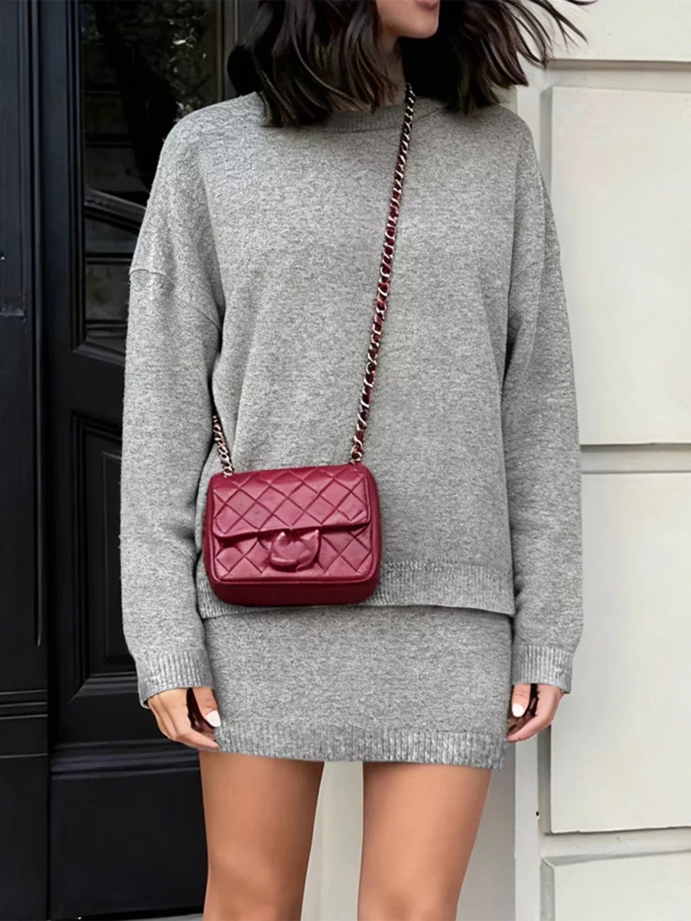 Plus Size Round Neck Long Sleeve Top and Skirt Sweater Set nicholesgifts