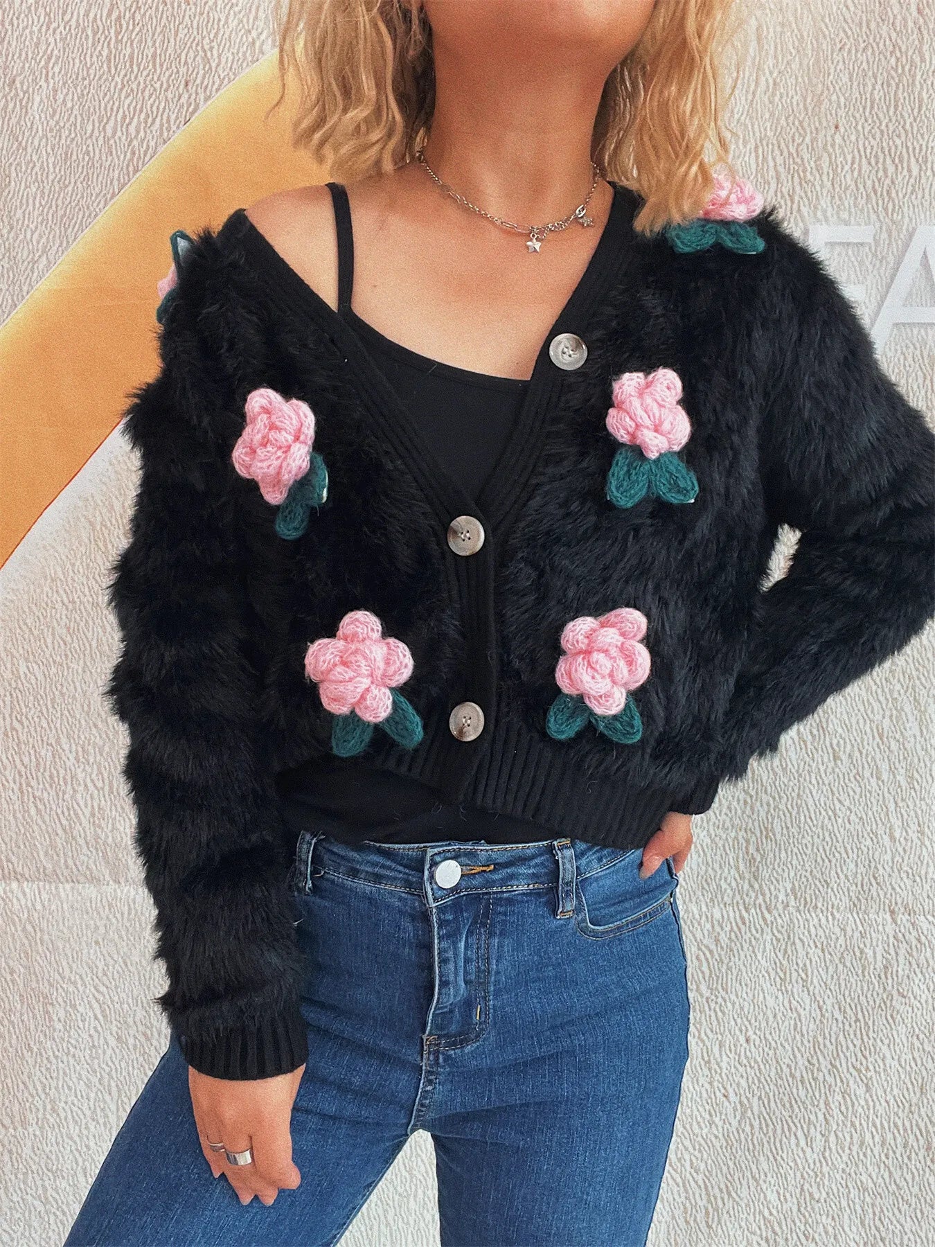 Flower Fuzzy Button-Up Cardigan