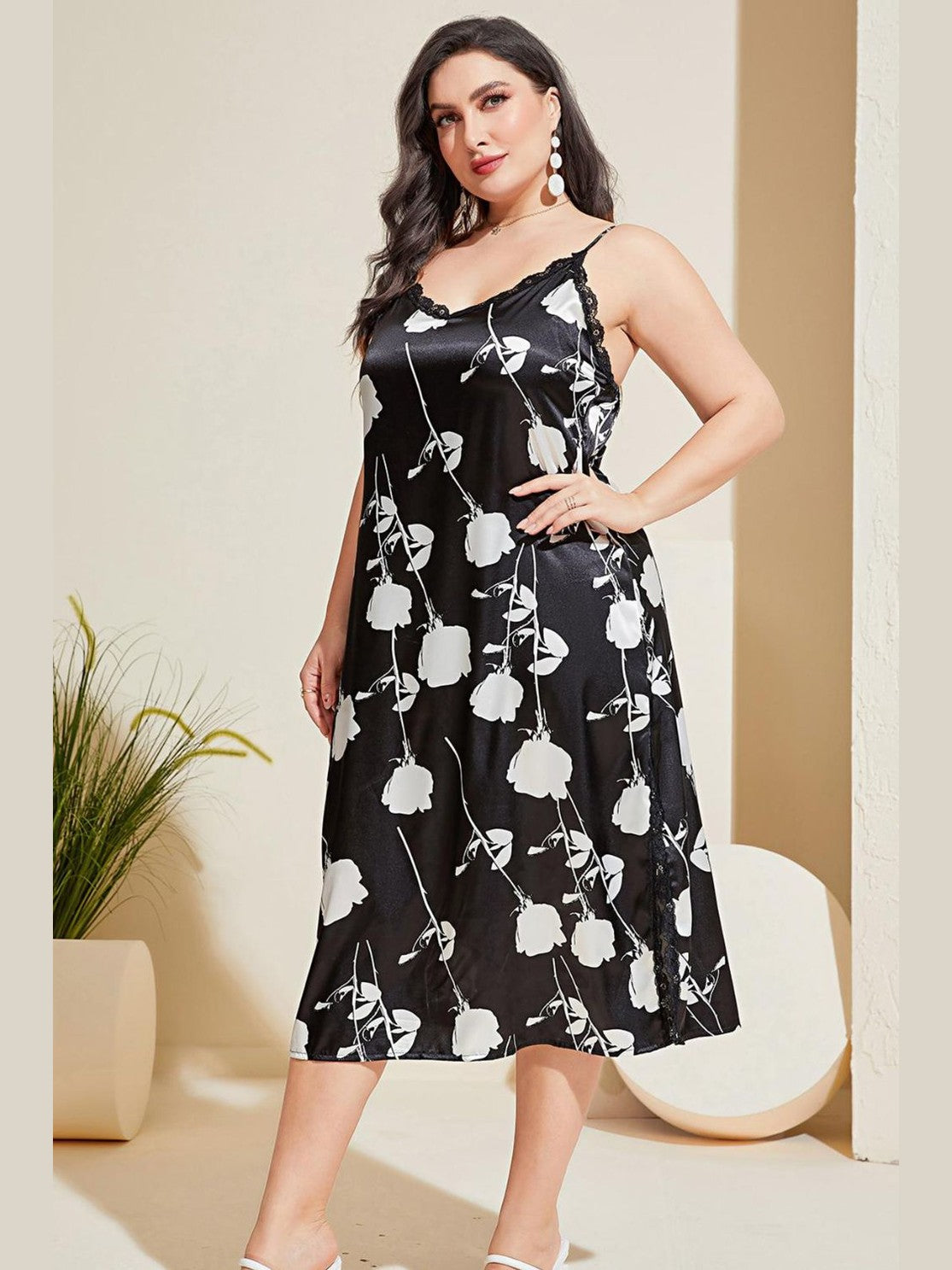 Plus Size Floral Lace Trim Side Slit Night Dress nicholesgifts
