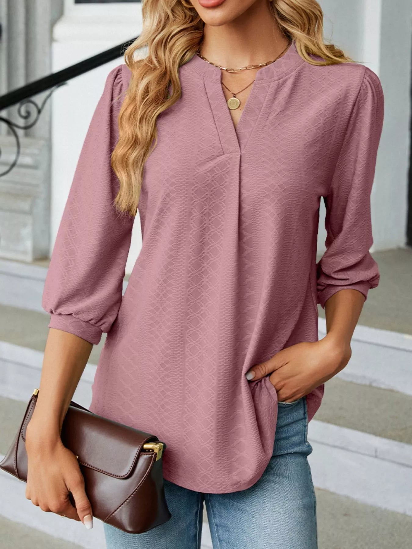 Notched 3/4 Sleeve Casual Top Trendsi