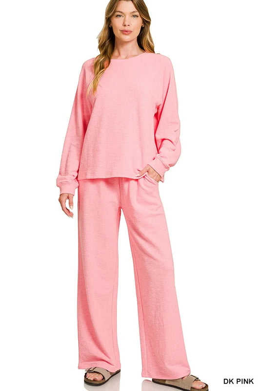 Zenana Slub Long Sleeve Top and Pants Lounge Set Trendsi