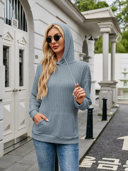 NicholesGifts Women Ribbed Drawstring Long Sleeve Hoodie nicholesgifts