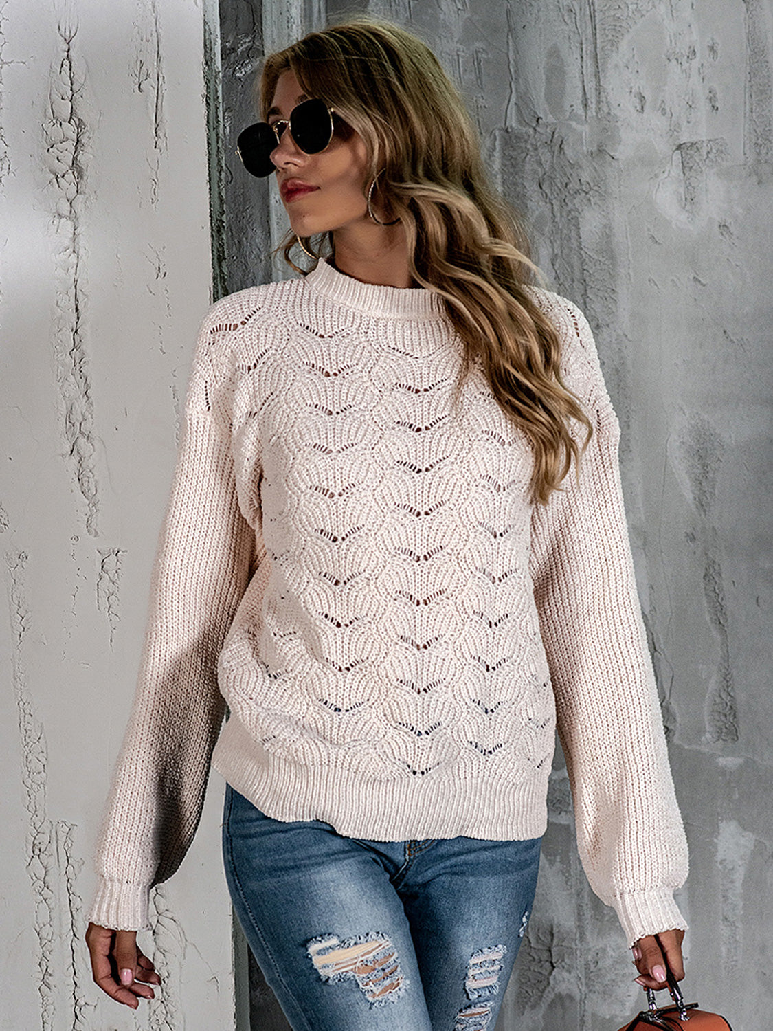 Openwork Mock Neck Long Sleeve Sweater NicholesGifts