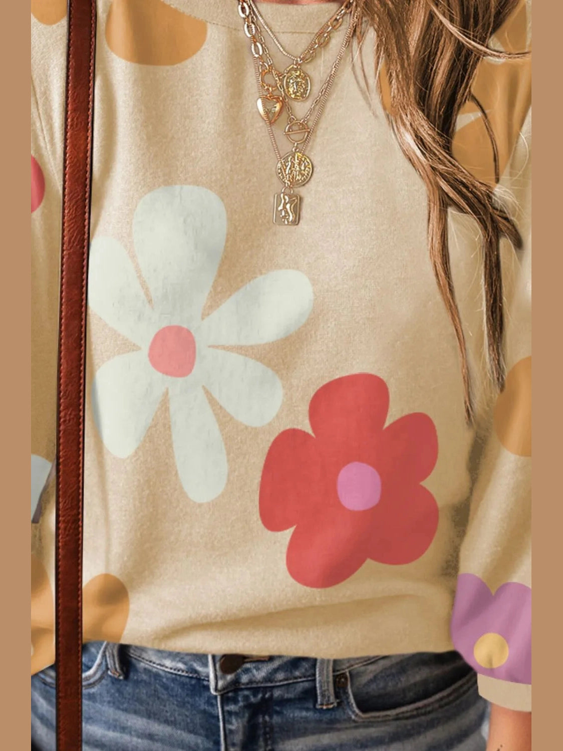 Flower Round Neck Long Sleeve Blouse