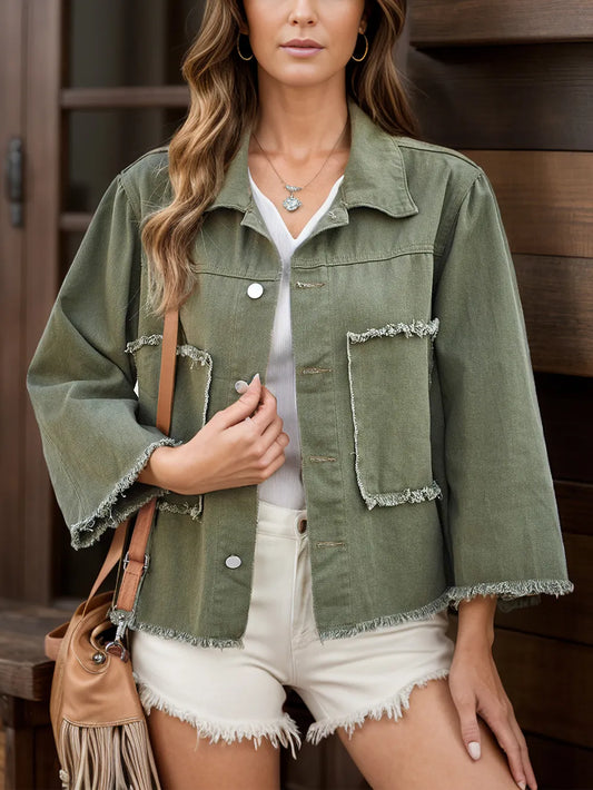 Raw Hem Button Up Denim Jacket Trendsi