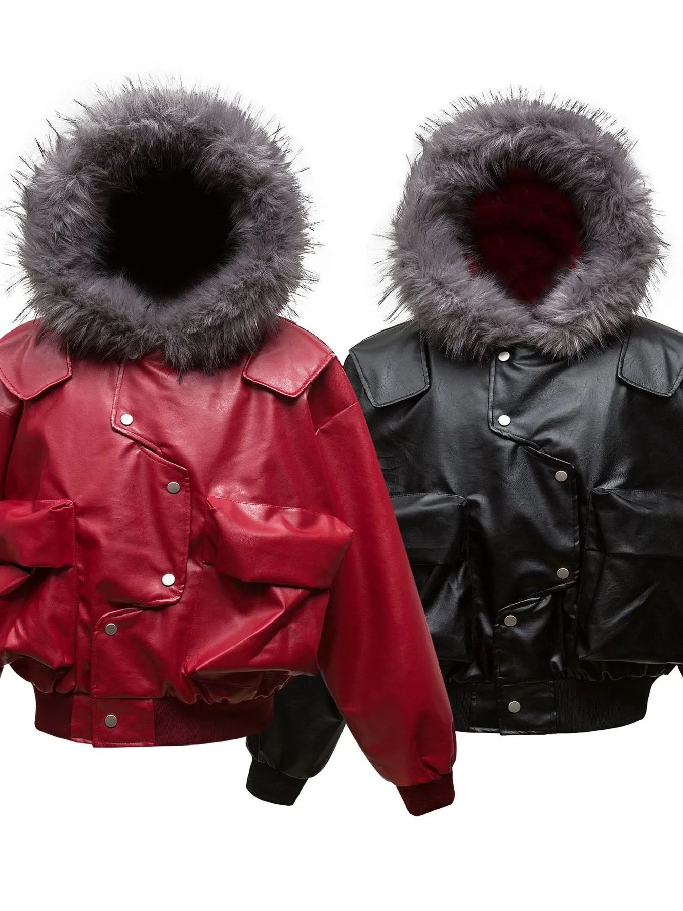 Men's Leather Bomber Jacket with Faux Fur Hood Trendsi