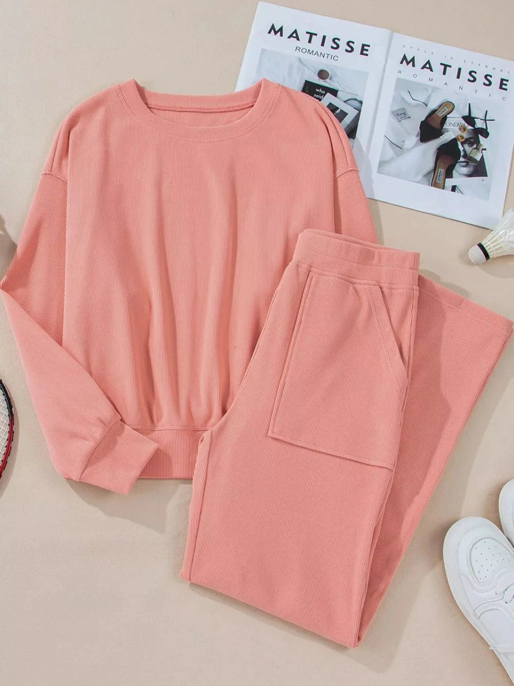 Round Neck Long Sleeve Top and Pants Set nicholesgifts