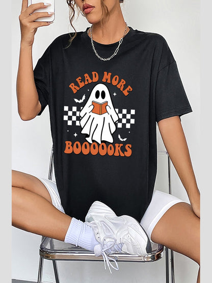 Women Spirit Of Halloween Read More Books Round Neck Short Sleeve Ghost Graphic T-Shirt nicholesgifts