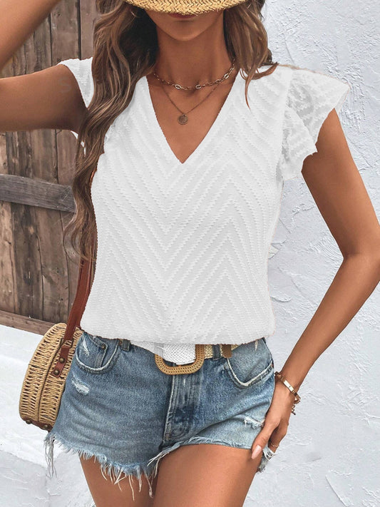 Textured V-Neck Cap Sleeve Blouse nicholesgifts