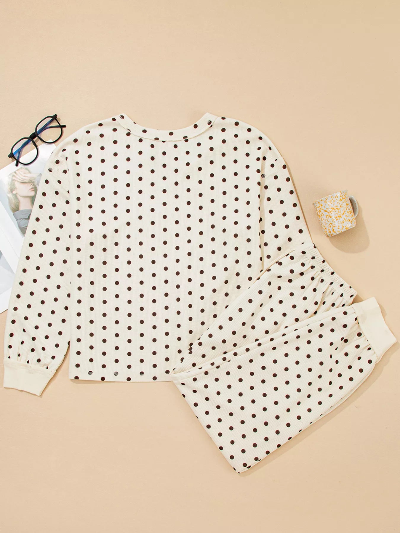 Polka Dot Notched Long Sleeve Top and Drawstring Joggers Lounge Set Trendsi